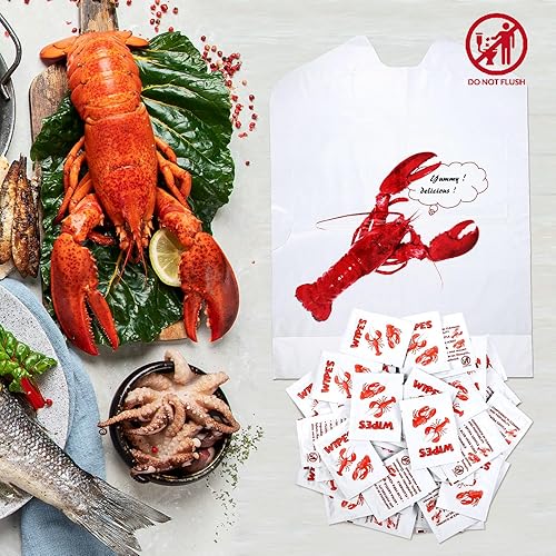 Miniatura 6 de Wesiti 100 Pcs Lobster Crab Bib Wet Wipe Set 50 Crawfish Bib Disposable Adult 50 Moist Towelettes Seafood Boil Party Supply
