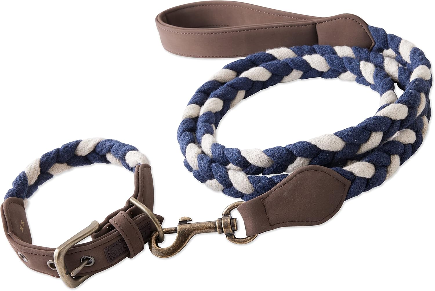 HonestBaby Collars and Leash Sets Braided and Vegan Suede for Dogs Organic Cotton for Pets, Navy/Ivory, X-Large