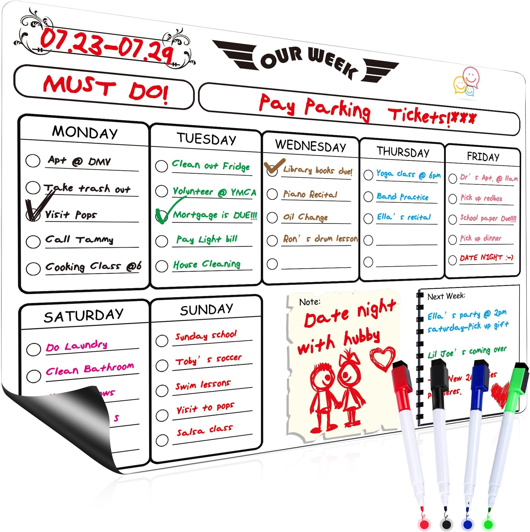 FaayFian Stain Resistant Large Fridge Magnet Weekly Dry Erase Board Calendar, Whiteboard to Do List with Bonus 4 Magnetic Dry Erase Markers for Family, Office,School, Home Organizing