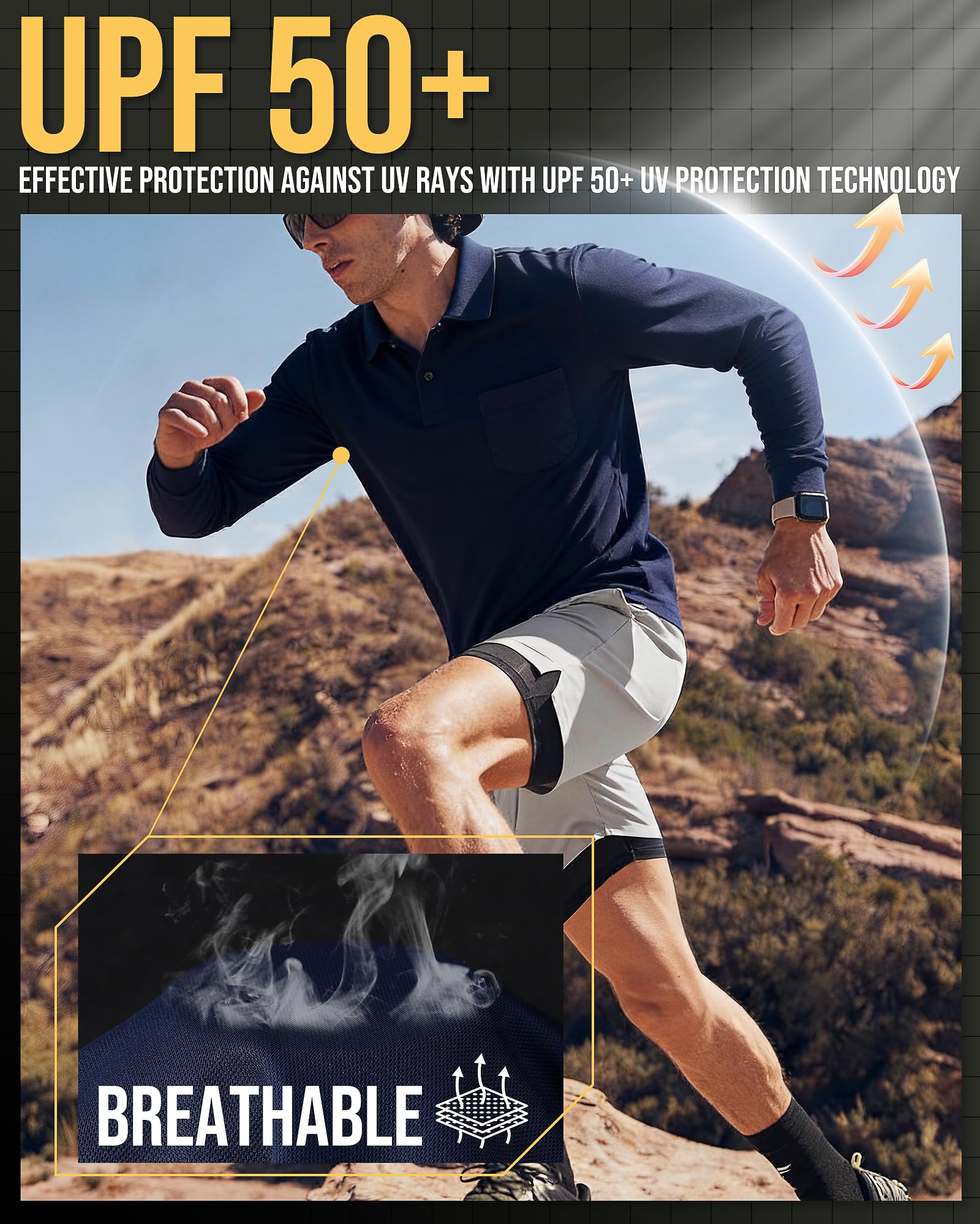 33,000ft Herren Poloshirt Langarm UPF50+ Sonnenschutz UV Schutz Polohemd Golf Sports T Shirts für Männer Leichtes Atmungsaktiv Poloshirts Casual Polo Tops zum Tennis