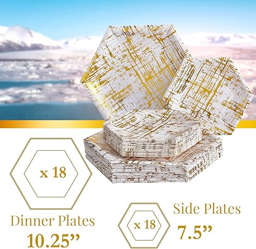Miniatura 3 de Juego de 36 cucharas de plata Arctic Collection Party desechables para cenas, 18 platos de papel pesados, diseño hexagonal, para bodas y cenas,