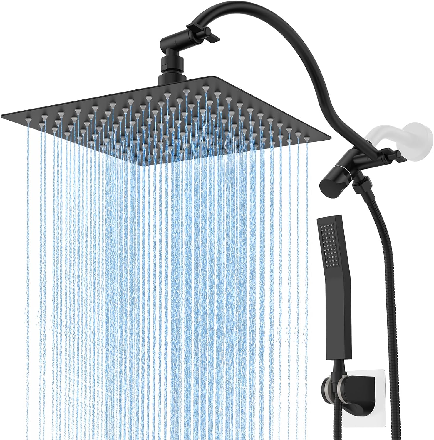 All Metal 10" Rain Showerhead with Handheld Spray Combo, Rainfall Overhead Shower Set with 12.6“ Adjustable Extension Arm&Adhesive Bracket for All Families Matte Black Waterfall Shower Head with Hose
