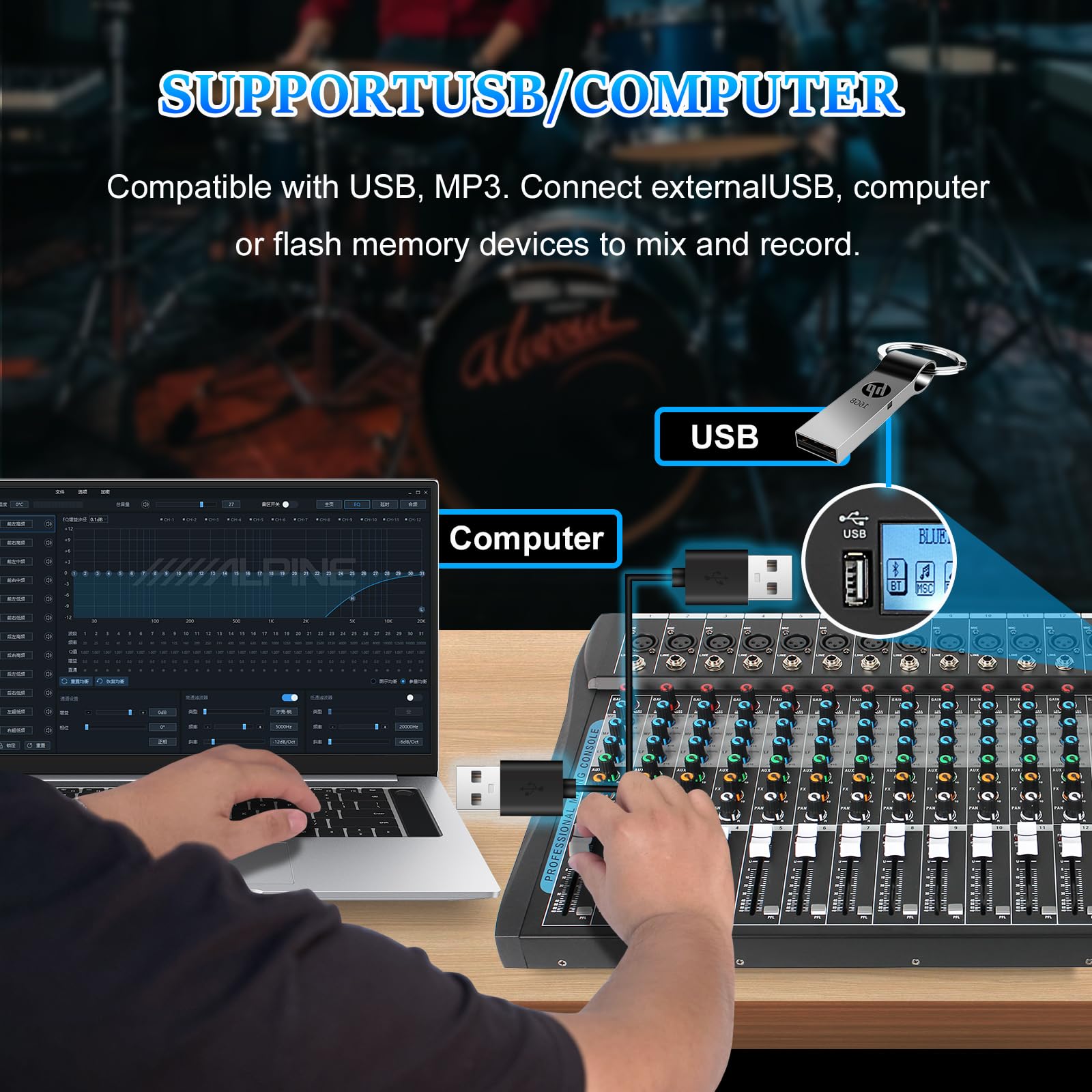 Mixer per scheda audio a 16 canali, mixer per DJ, effetto DSP a 16 bit, mixer audio USB + 48 V Phantom Power Bluetooth Mixer per karaoke Studio Streaming Registrazione, Live Streaming