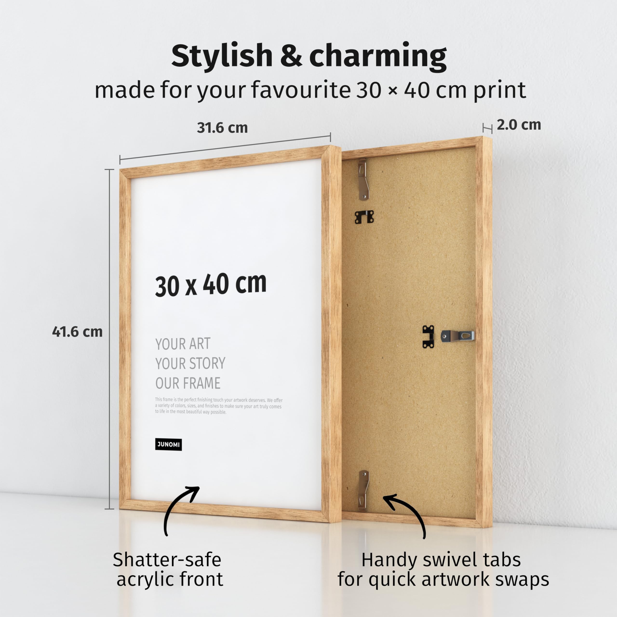 JUNOMI Premium Oak Picture Frame 30 x 40 cm - Real Oak Wood Frame with Shatterproof Acrylic Front, 30 x 40 cm / 1x - Image 3
