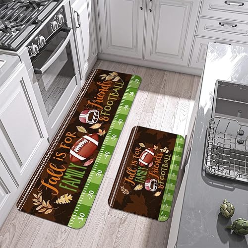 Miniatura 1 de Juego de 2 alfombras y tapetes de cocina para el casco de fútbol de otoño, color marrón, tapete antideslizante que absorbe el agua, alfombra de piso