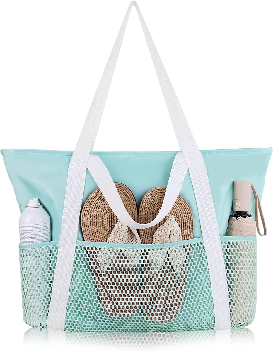 HOMESPON Bolsa de Playa Grande Impermeable a Prueba de Arena para Mujer con Cremallera y Bolsillos de Malla | 2 tamaños hasta 41 L, separación húmedo-seco, bolsillo interior de seguridad, crucero en piscina, yate y spa