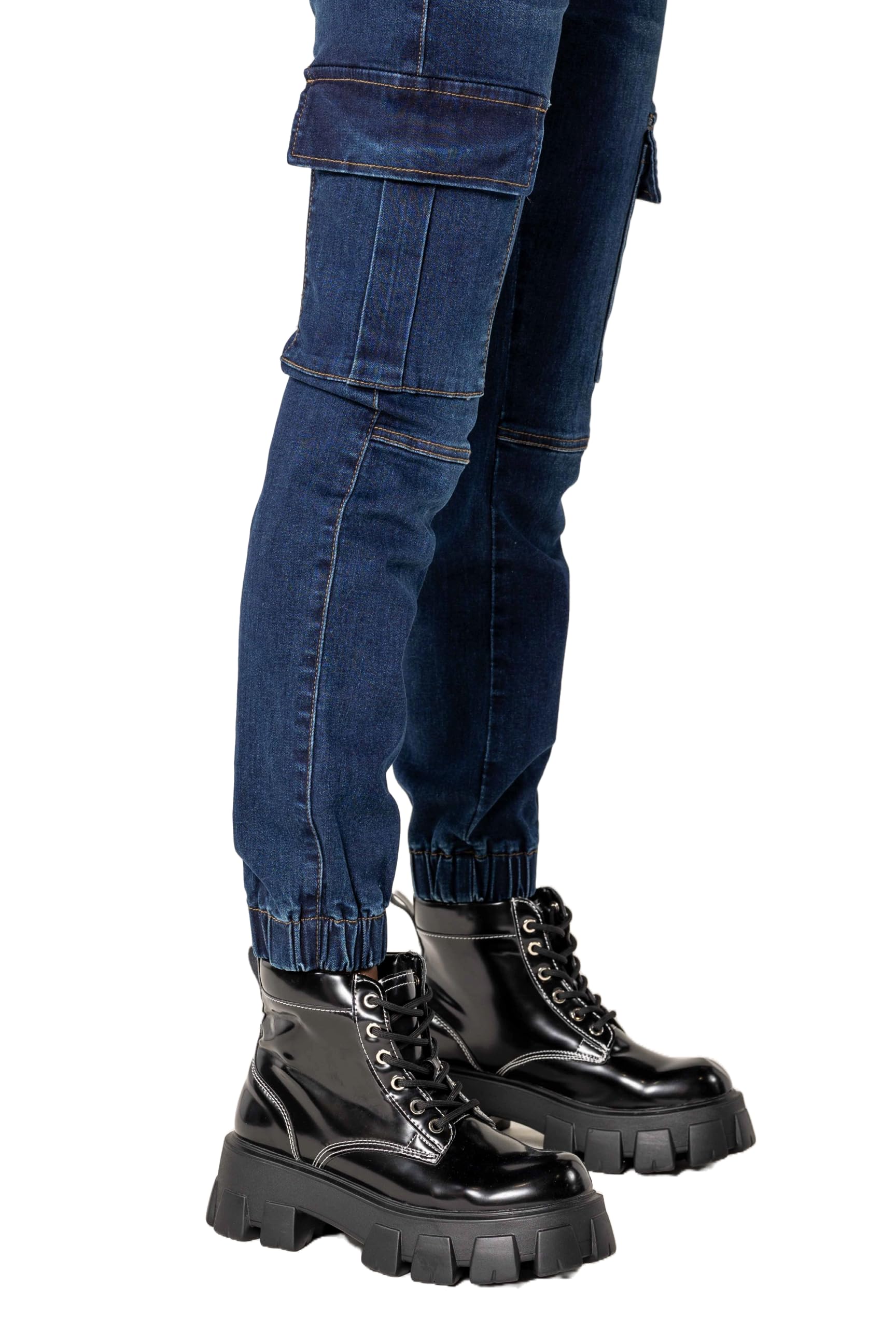 Nina Carter P219 Pantalones vaqueros cargo para mujer, cintura alta, corte relajado, puños elásticos, aspecto desgastado