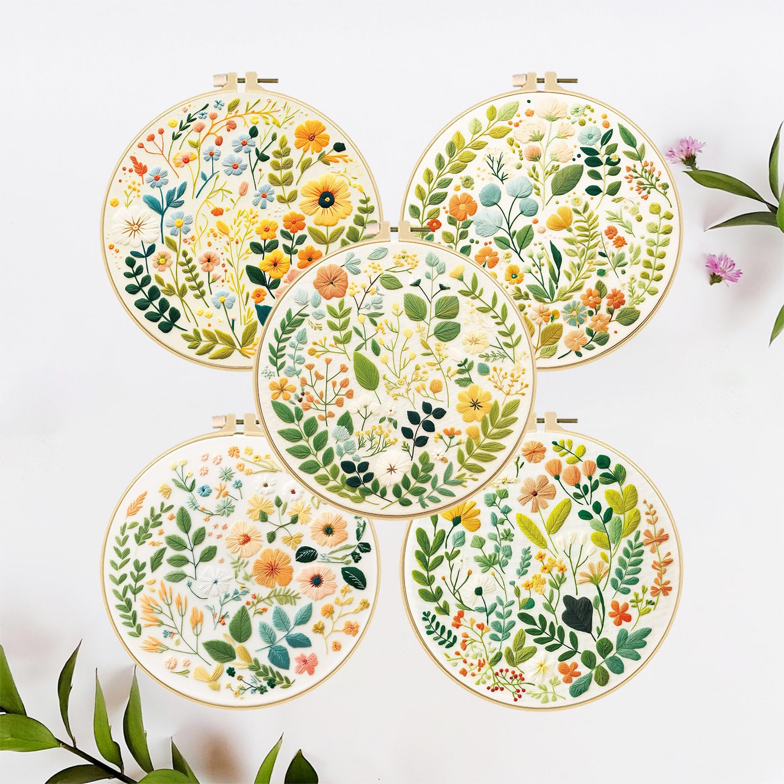 FREEBLOSS 5 Set Mit 11.6" Sticksets Für Anfänger Nadelspitzen Stickerei Starter Set Mit Kleinen Gestempelten Blumenmustern Anleitung Farbige Fäden 2 Reifen