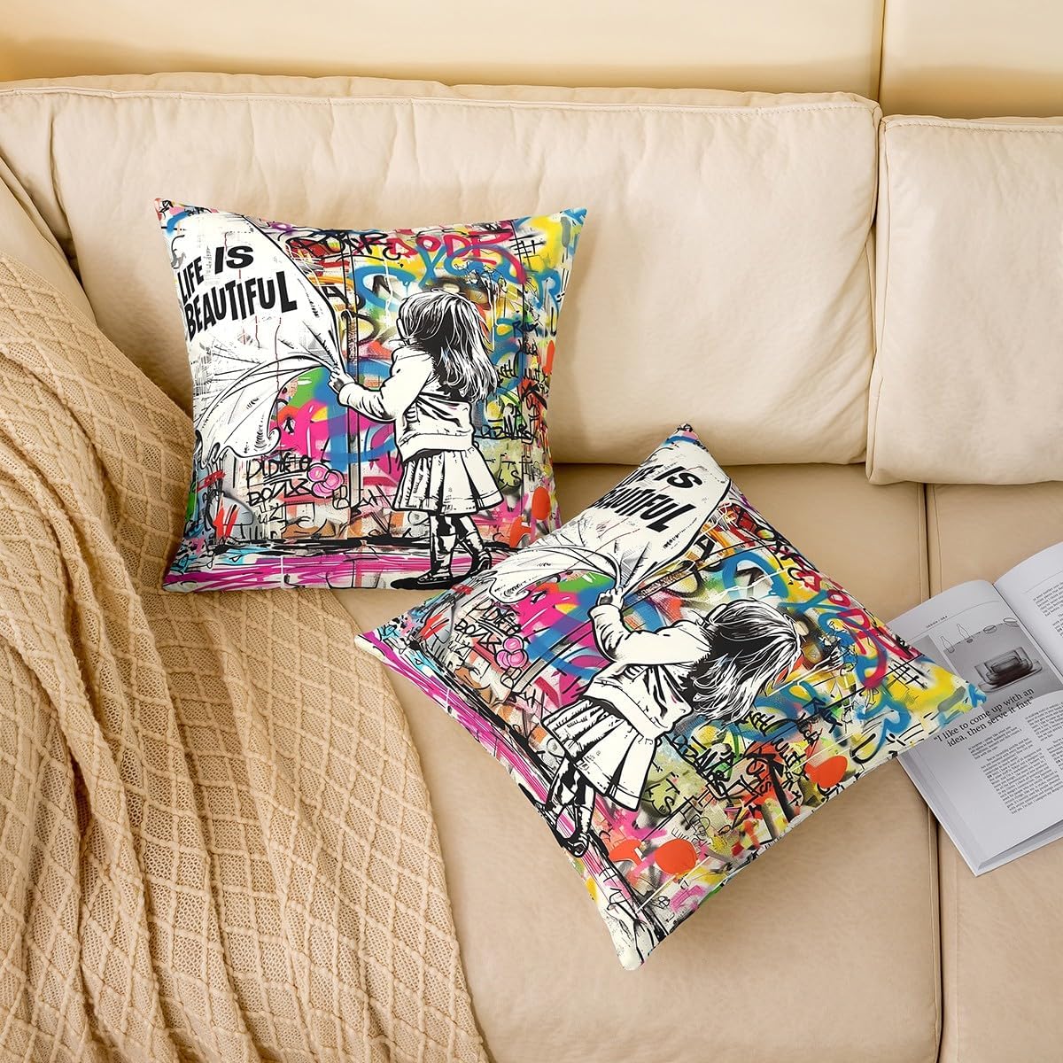 Urban Graffiti Throw Pillow Covers (Pack of 1,Colorful Street Graffiti Art Cushion Covers,Kids Boys Teens Abstract Painting Pillow Cases Retro Hippie Living Room Sofa Decor,16" Lx16 W image 2