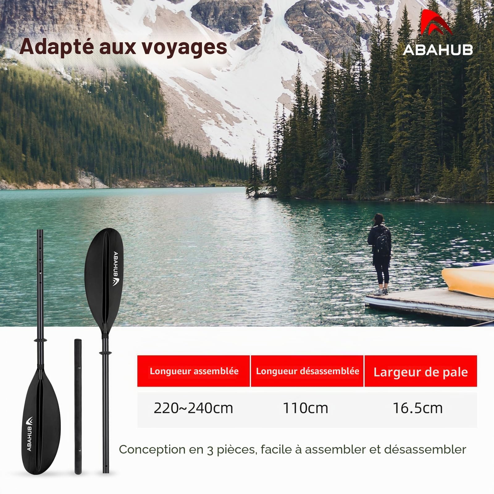 Abahub Pagaie Kayak réglable 220cm à 240cm Rame Double Paddle Aluminium avec Paddleline pour Kayak Aviron Bateau Canoë, Lames en Plastique Noir/Blanc/Bleu/Vert/Orange/Jaune/Turquoise