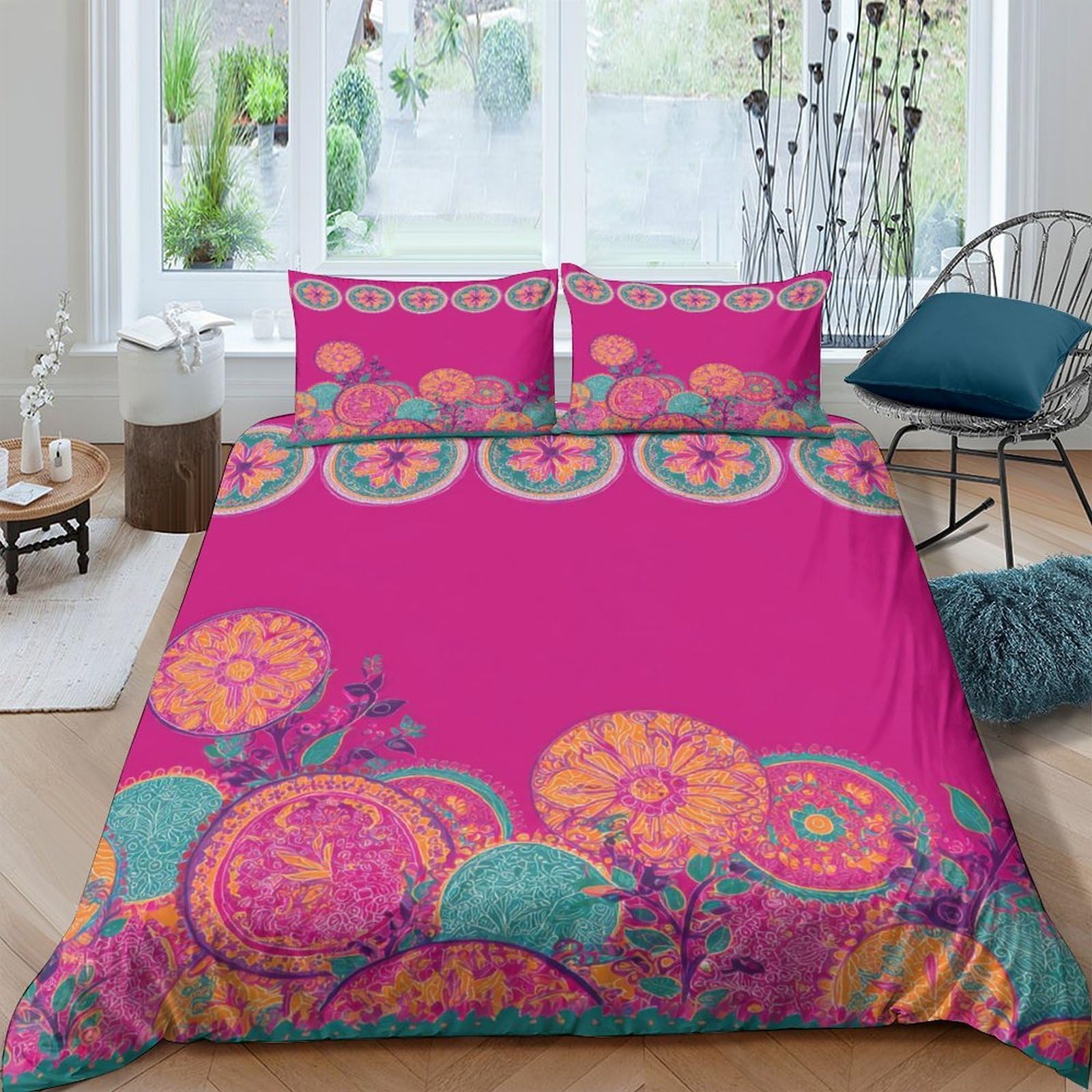 Ctjqhvkz Style-6 3D Printed Bohemian Floral Fitted Sheet Microfiber Pink Orange Mandala Mattress Cover For Bedroom Home Décor Single（135X200cm）