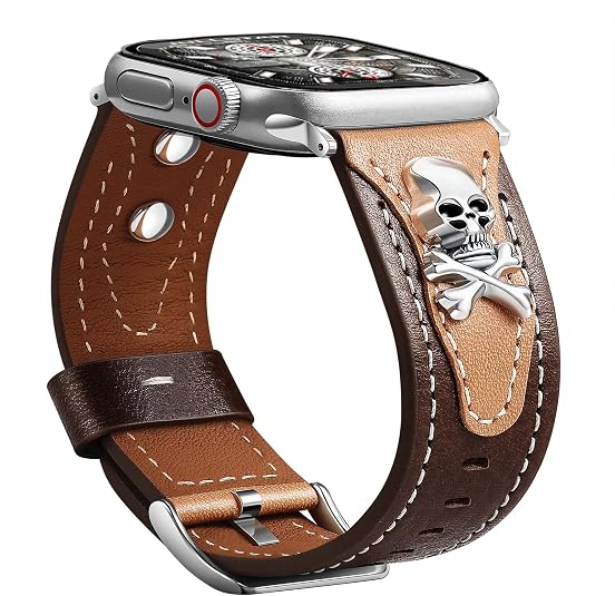 Leather Skull Band Compatible Apple Watch Brown Gold Women Men