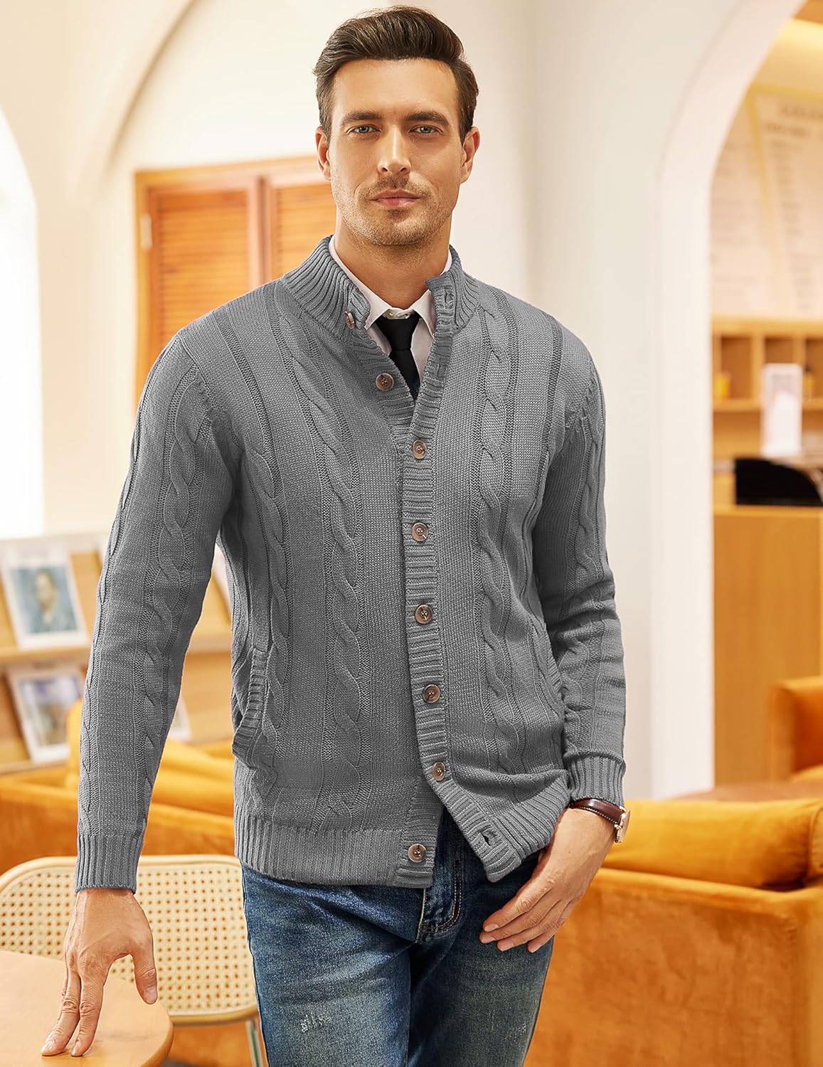 COOFANDY Men's Cardigan Sweater Slim Fit Stand Collar Cardigan Casual Cable Knitted Button Down Sweater with Pockets - Image 3