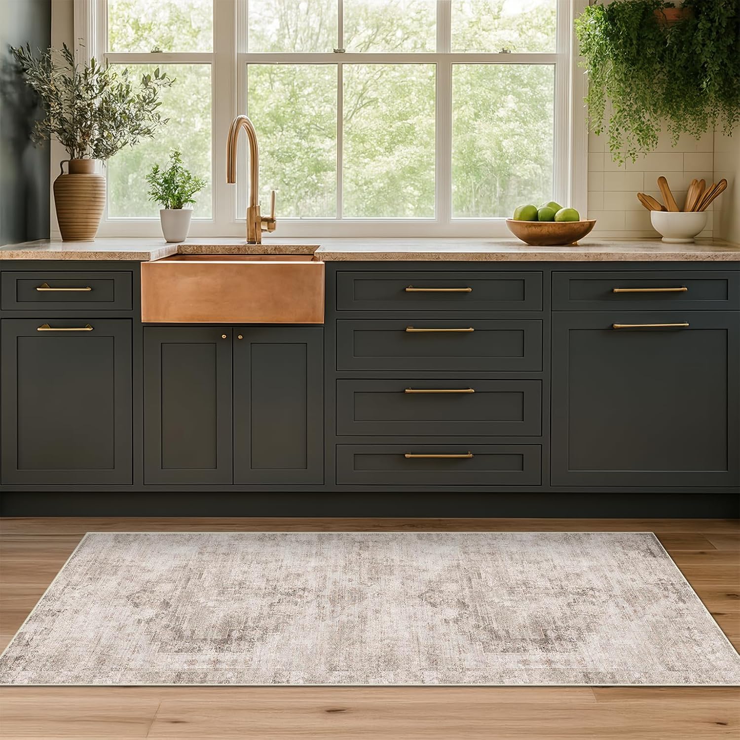 2x6 Washable Bathroom Runner Rug, Non Slip Low Pile Runner with Rubber Backing for Hallway, Kitchen and Entryway, Beige Tan Modern Farmhouse Home Decor