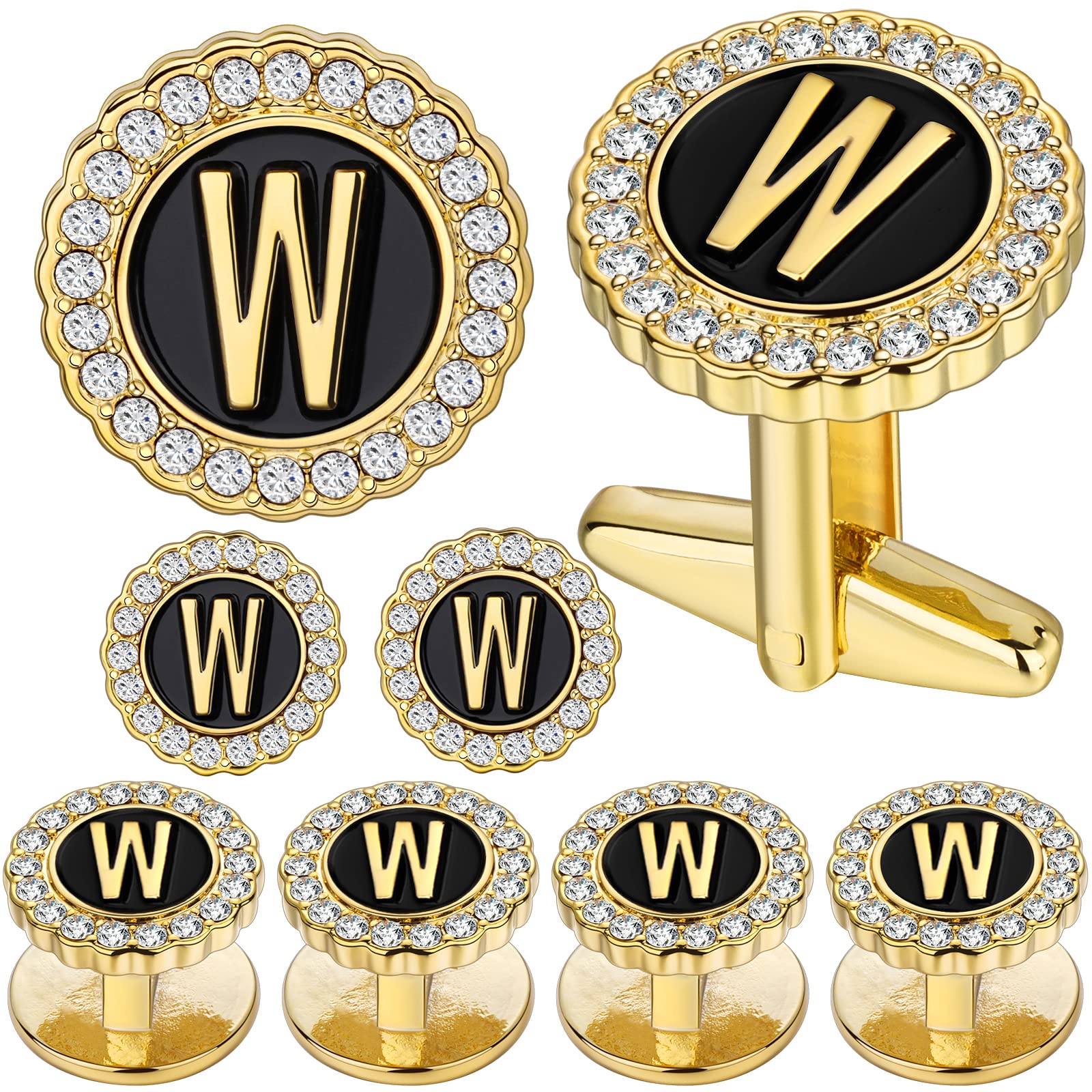 HAWSON 18K Gold Tone Initial Cufflinks for Men with Tuxedo Studs - Gift Boxed, Stylish Men's Jewelry Accessories for Weddings, Birthdays, Anniversaries, Father's Day