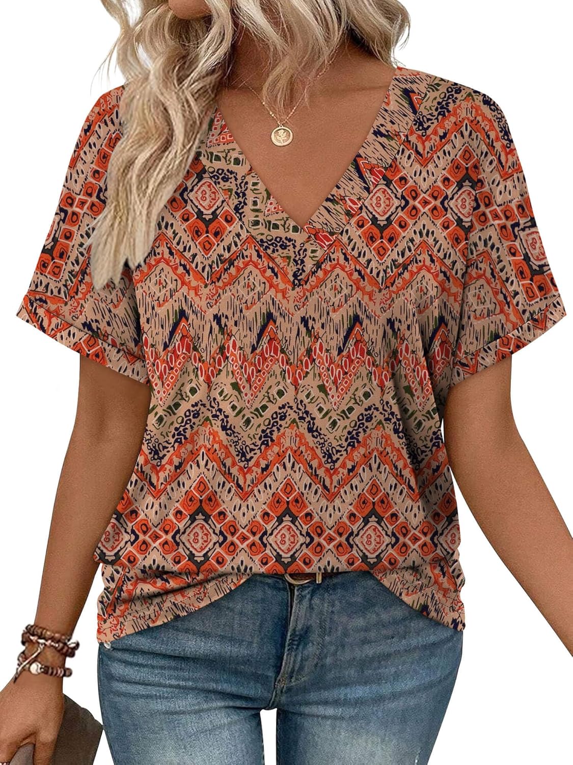 ONLYSHE Womens Short Sleeve Shirts Casual Crewneck Tops Tshirt Basic Tees Summer Fashion Strpied Clothes Outfits Tunic