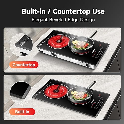 Miniatura 5 de Placa eléctrica de 2 quemadores, placa de cerámica de 3200 W 240 V con 9 niveles de potencia, control táctil, bloqueo de seguridad automático,