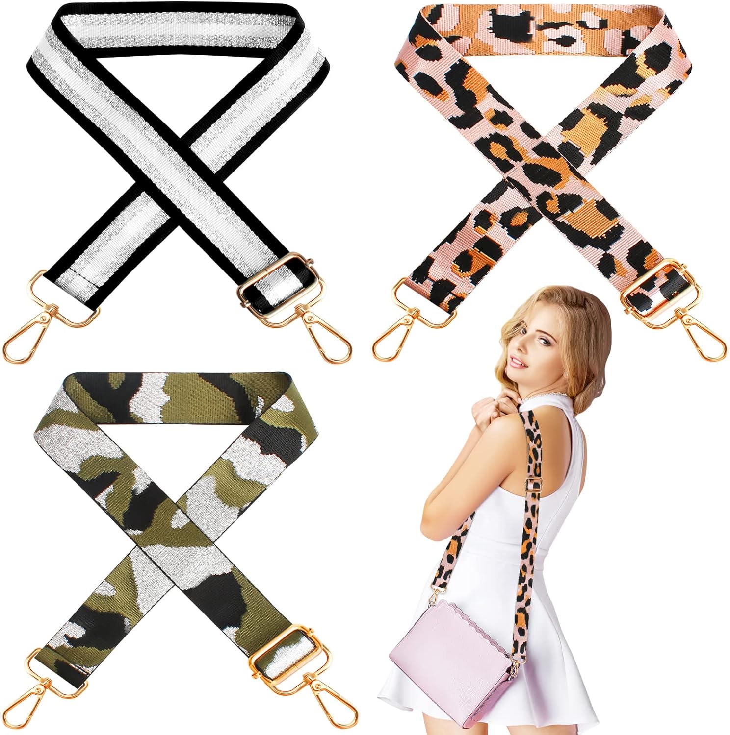 3 PCS Wide Shoulder Bag Strap Adjustable Replacement Bag Straps Leopard