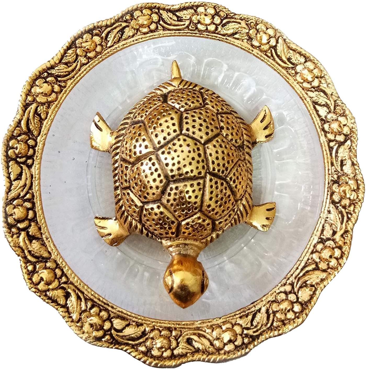 Metal with Golden Glass Plate Feng Shui Metal Tortoise, Kachua Plate, Turtle Plate Yantra Vastu Feng Sui | Vaastu Yantra| Wealth Sign Statue Showpiece| Wish Fulfilling (5.5 inch)