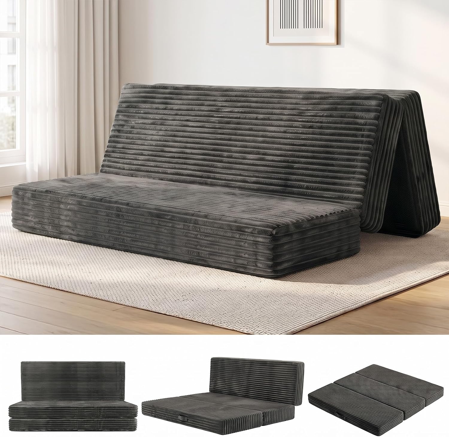 6-Inch Tri Folding Mattress Queen Size,Memory Foam Foldable Mattress Topper,Portable Futon Sofa Bed with Removable Washable Cover for Guest, Camping, Dorm,Grey