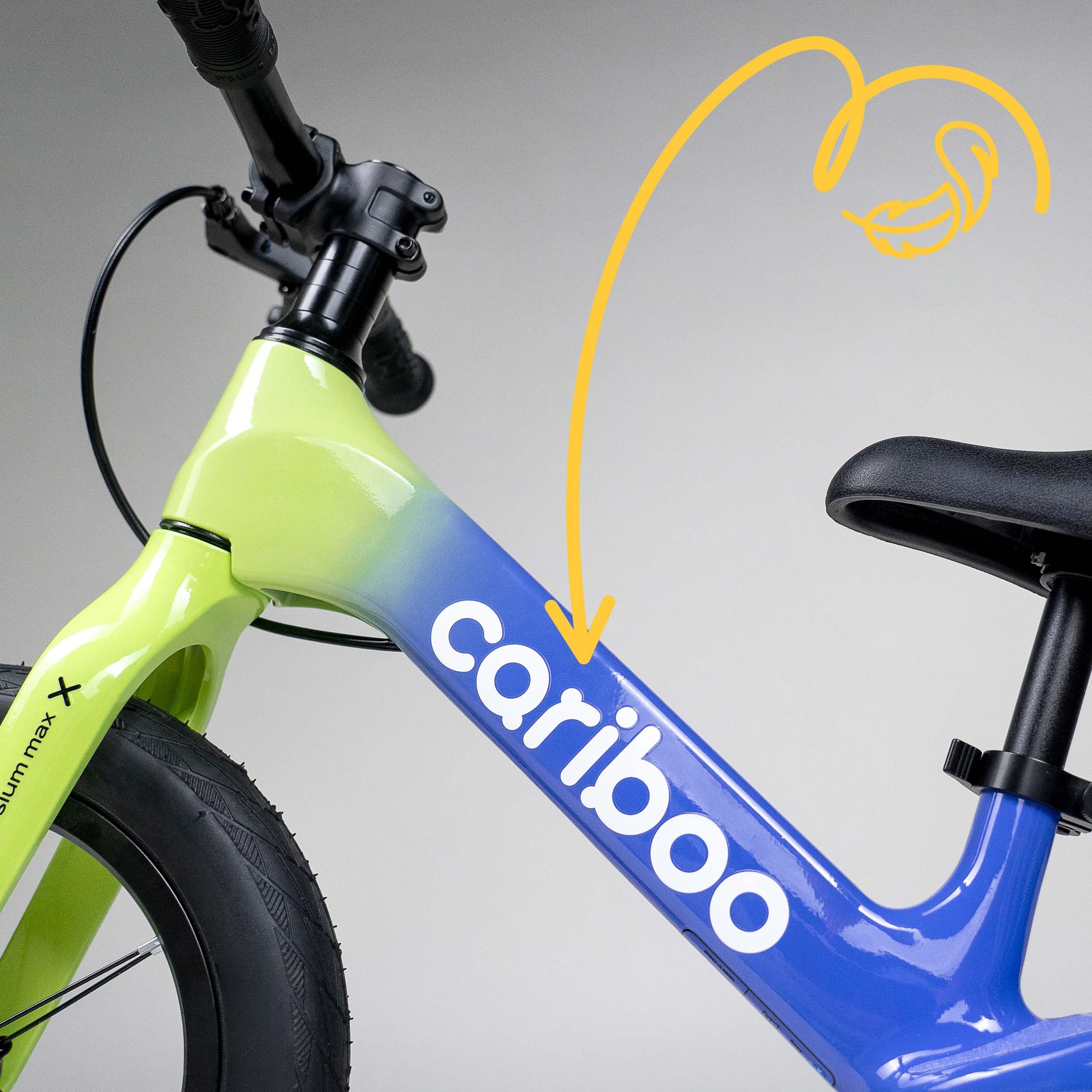 Cariboo Draisienne pour Enfants dès 2 Ans - Ultralégère 3,6 kg - Selle et Guidon Réglables - Cadre en Magnésium, Frein V-Brake - Charge Jusqu’à 30 kg - Magnesium Max Jaune Citron-Bleu