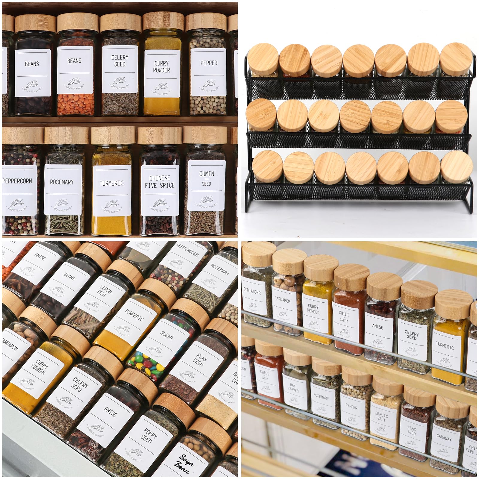Lot de 36 pots à épices en verre de 113,4 g avec couvercles en bambou, récipients à épices carrés vides avec 319 étiquettes à épices vierges et imprimées, entonnoir pliable pour armoire de