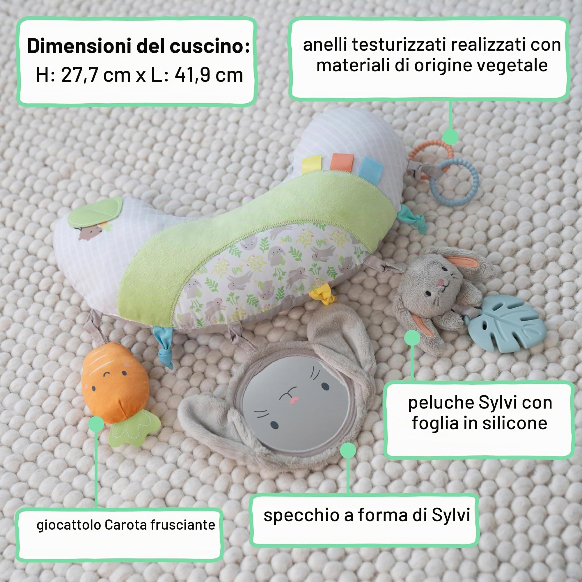 Ingenuity, Cuscino Multiattività Cozy Prop Sylvi, Gioco a Pancia in Giù, Multisensoriale con 4 Giochi Rimovibili, Coniglietto di Peluche Morbido, 0+ Mesi, Supporta lo Sviluppo Motorio