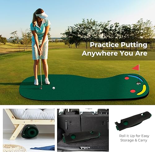 Miniatura 5 de Goplus Putting Green - Esterilla de práctica de golf de 9.8 pies x 3 pies con 3 tazas de putting y bandera, alfombrilla de entrenamiento portátil