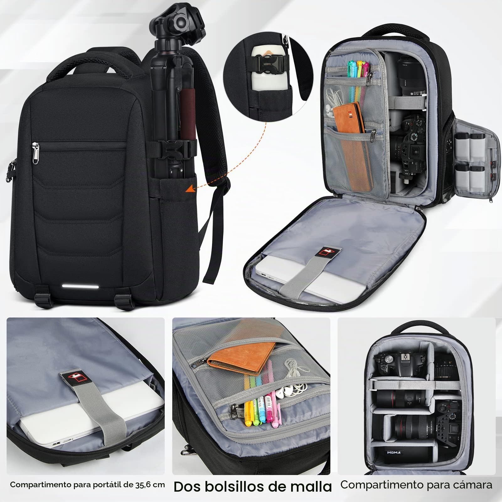 RAINSMORE Mochila Camara Fotos, Mochilas Fotografia, Bolsa Camara Reflex con Compartimento para Portátil de 14 y Funda Impermeable para Canon, Nikon y Sony Negro