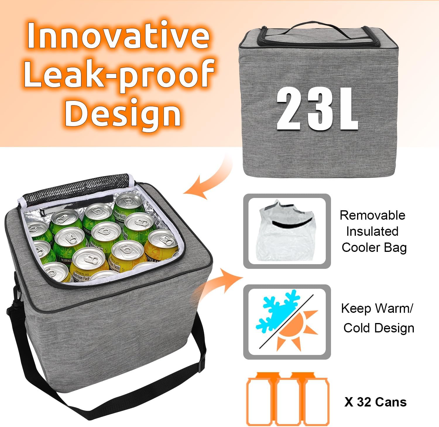 Collapsible Trunk Organizer with Insulated Leakproof Cooler Bag,Removable Lid,Adjustable Securing Straps,3 Compartments Trunk Organizer for SUV,Truck,Sedan(Light Grey) thumbnail