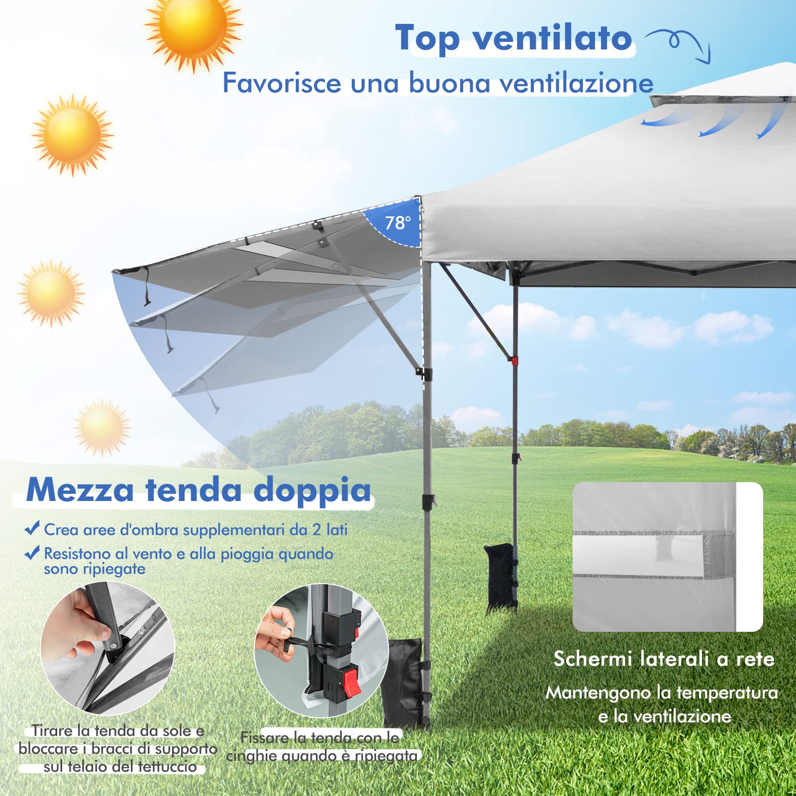 COSTWAY Gazebo Pieghevole da Giardino 3 x 3 m, Gazebo da Esterno con Design a Doppia Tenda, Design Pop Up e 4 Sacchetti di sabbia, Altezza Regolabile, Ideale per Feste, Giardino e Spiaggia (Bianco)