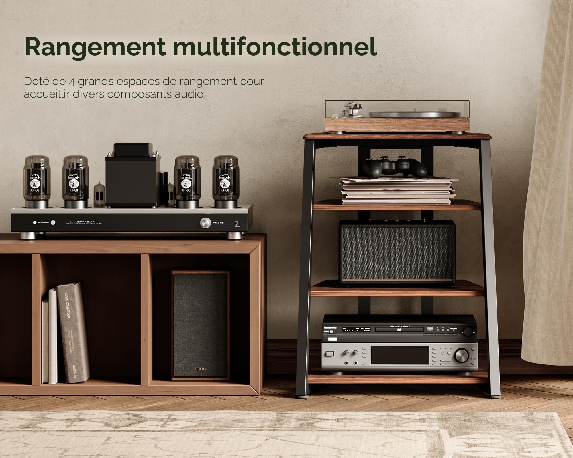 FITUEYES Meuble HiFi à 4 Etagères en Bois et Acier Support pour Platine Vinyle Meuble Audio/Vidéo Capacité de Charge Max. 50KG Structure Solide