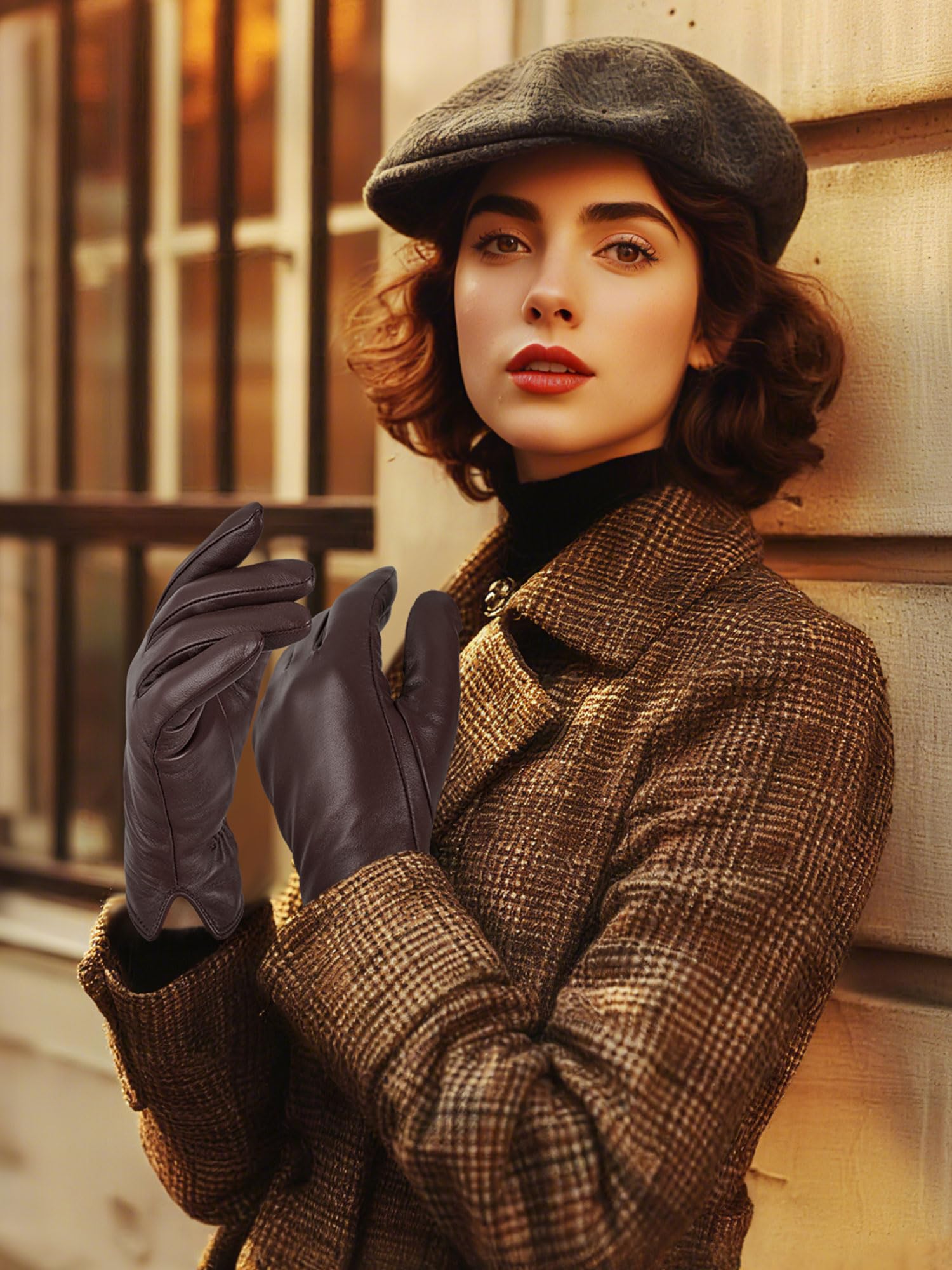 GSG SINCE 1998 Guantes Piel Mujer Marrón S | Piel de Oveja Sin Cromo, Compatibles con Pantalla Táctil, Forro Lana, Guantes de Invierno para Conducir