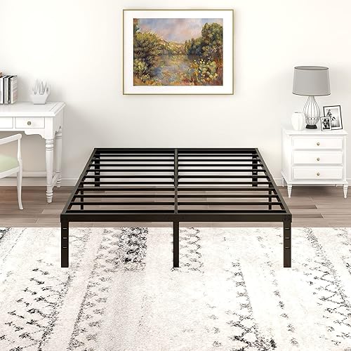 Miniatura 3 de RYR Marco de cama de plataforma de metal de 14 pulgadas, marco de cama matrimonial con base de colchón de listones de acero resistente, no necesita