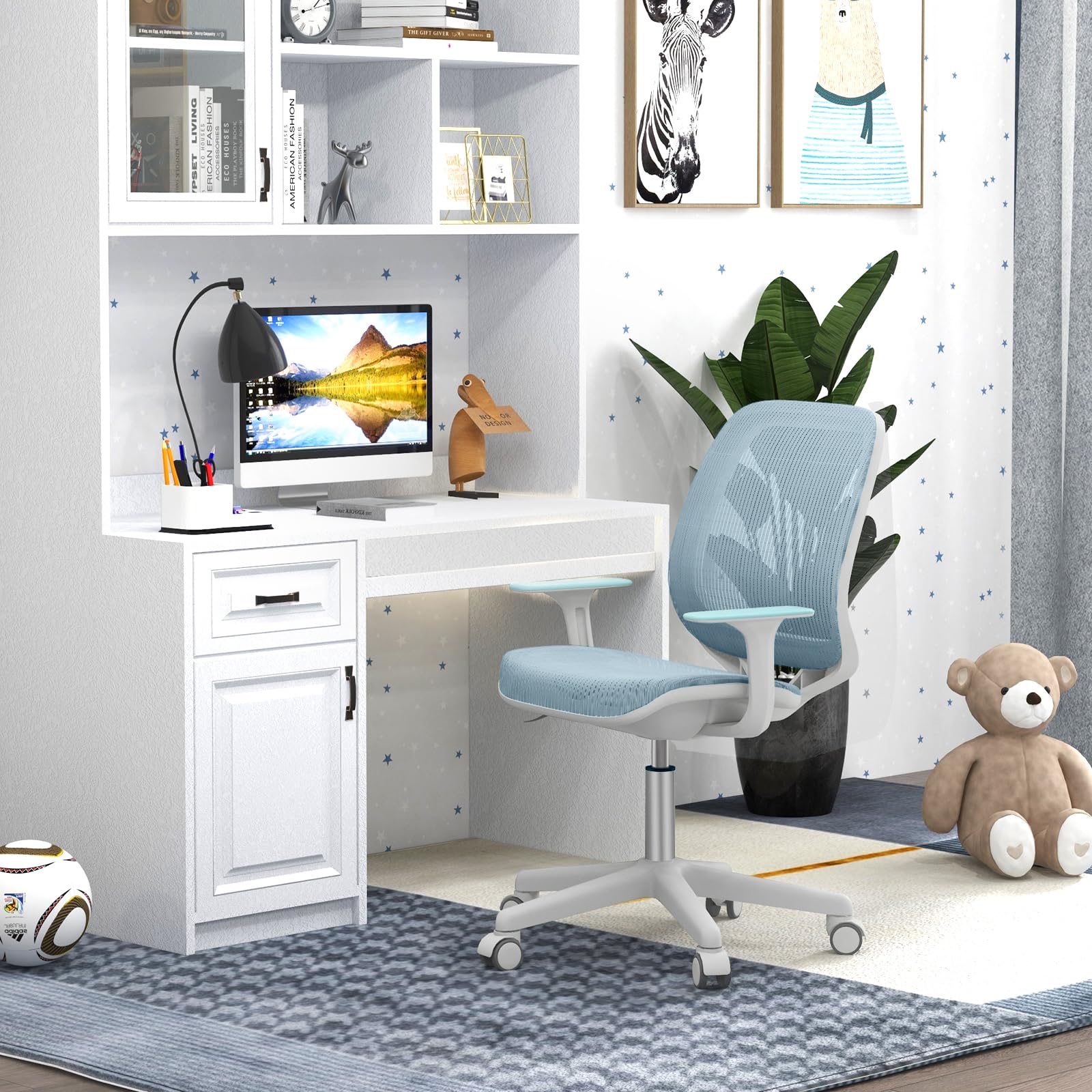 GYMAX Sedia da Scrivania per Bambini 4-15 Anni, Sedia da Cameretta Ergonomica, Altezza Regolabile, Girevole a 360°, 57 x 57 x 80-92 cm (Azzurro)