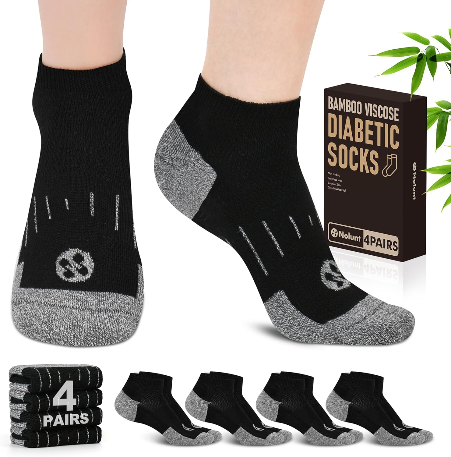 NOLUNT Diabetic Socks for Men,4 & 6 Pairs Low Cut Bamboo Viscose Wide Mens Diabetic Socks Size 9-11 10-13