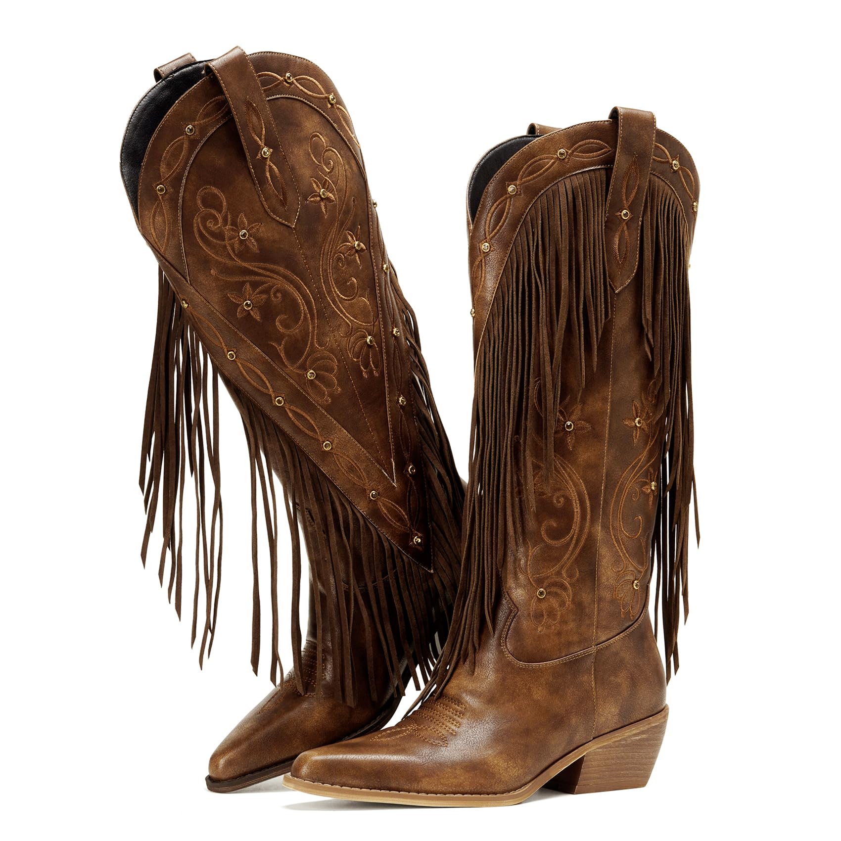 Fringe Cowboy Boots for Women Knee High Western Embroidery Rhinestones Cowgirl Boot Pointed Toe Chunky Heels