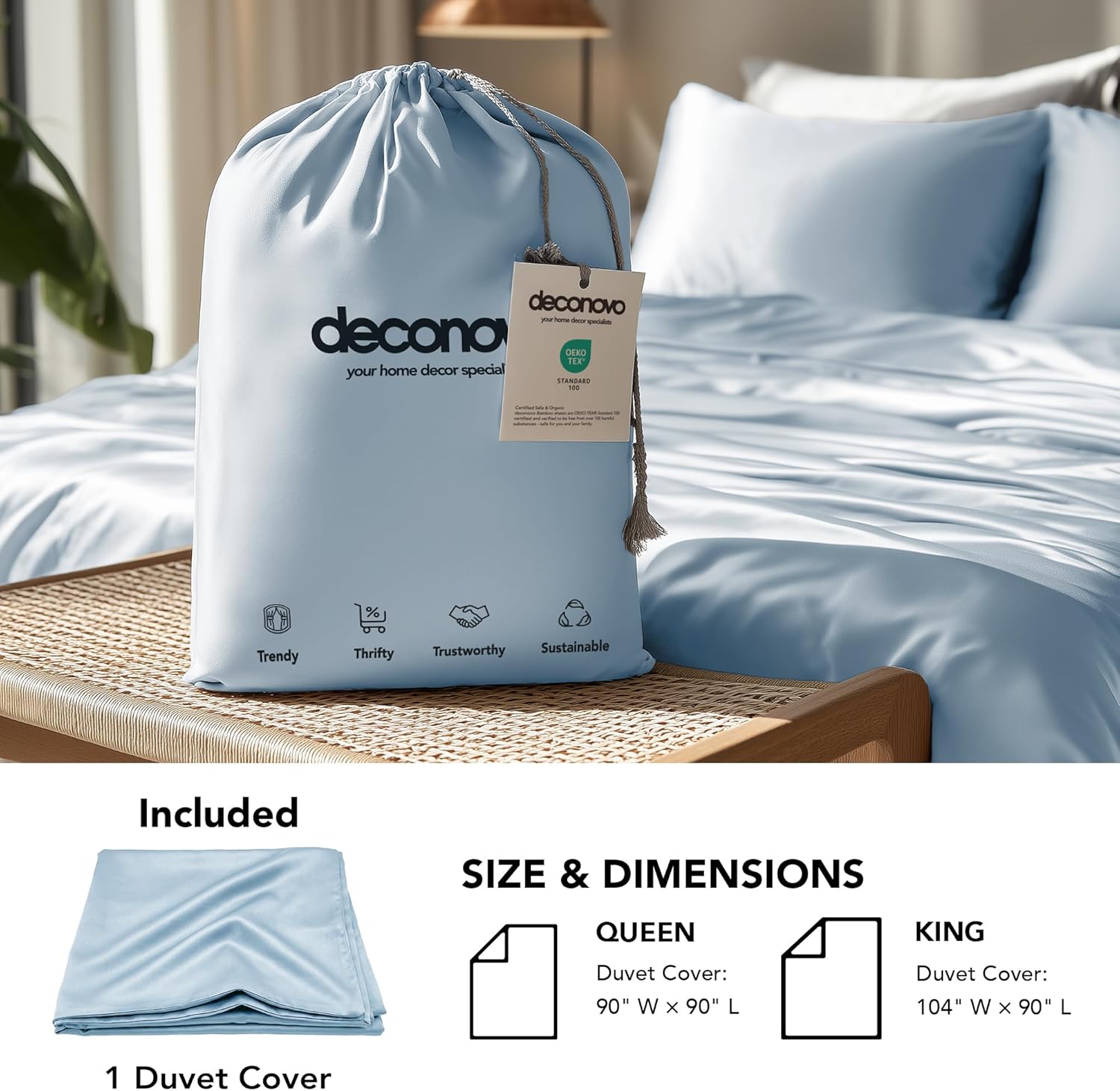 Deconovo 100% Viscose Duvet Cover (from Bamboo), Cooling Soft Breathable Bedding ，Oeko-TEX Standard 100-(Queen,Sky Blue) (1 Pack)