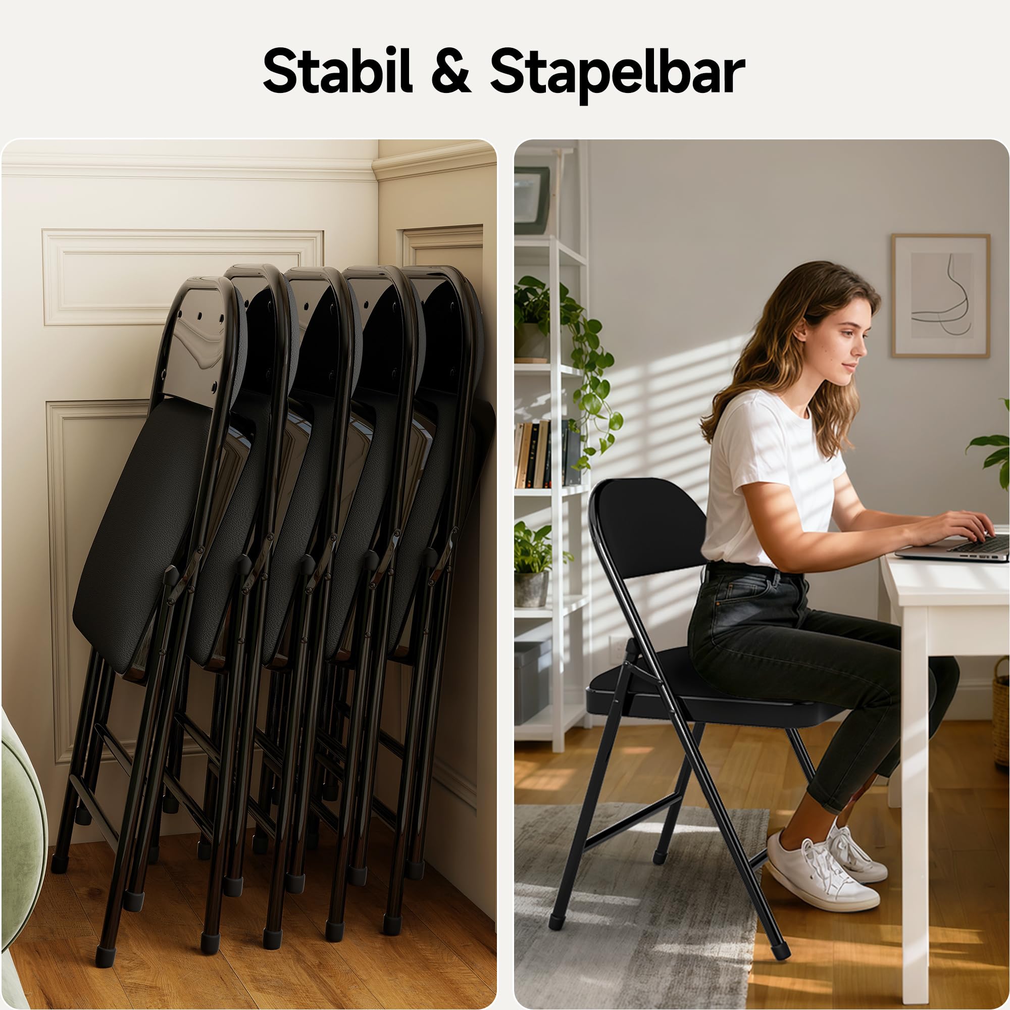 Chaises Pliantes en Similicuir avec Assise rembourrée, Structure en Acier, Lot de 4, idéales pour Les événements, la Maison et Le Bureau.Noir