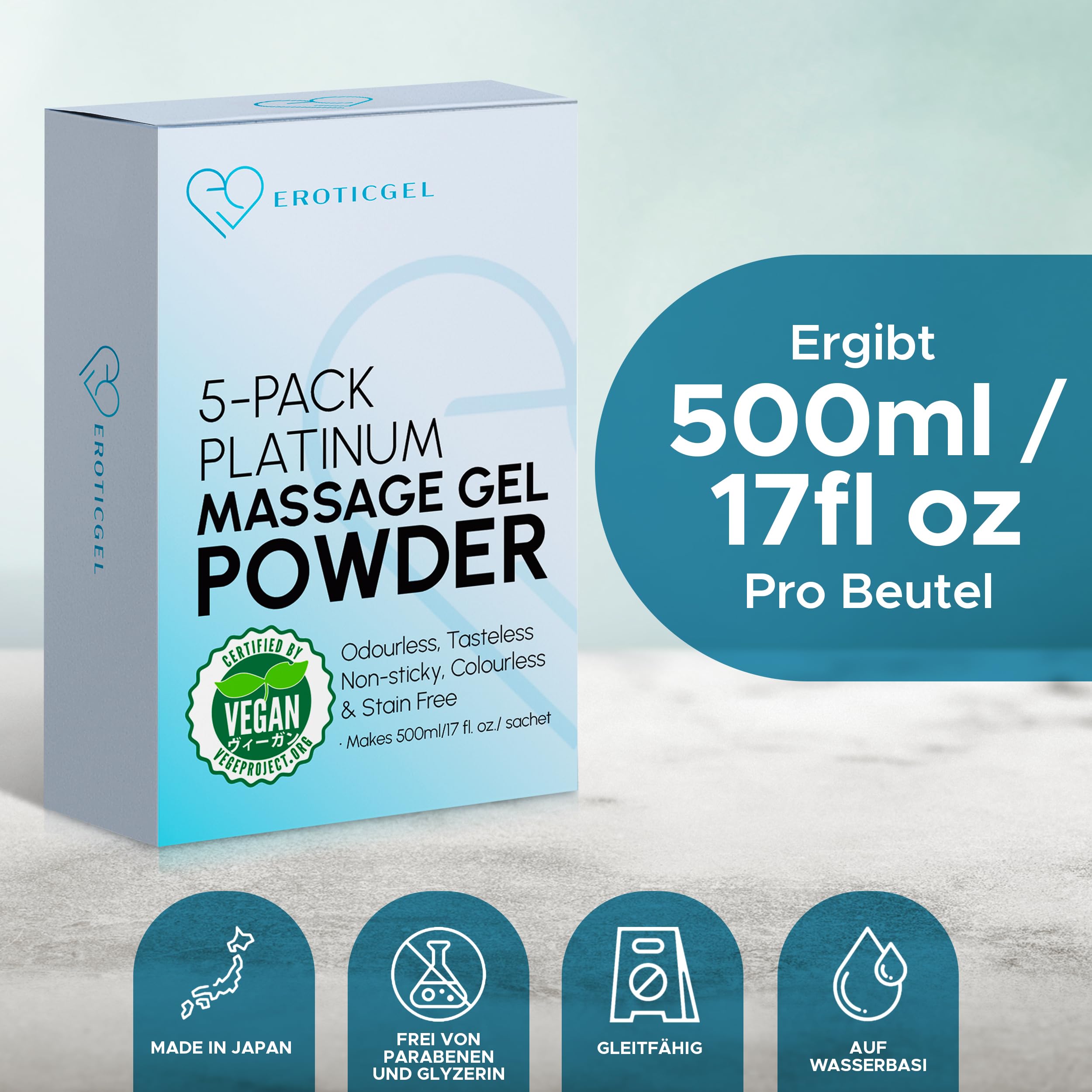 Premium Nuru Massagegel Pulver Platinum, 5x 5 g Sachets, Neutrale Basis, Massageöl Alternative, Made in Japan, Wasserbasiert, Vegan, Parfümfrei, Frei von Parabenen, Ergibt 2,5 Liter