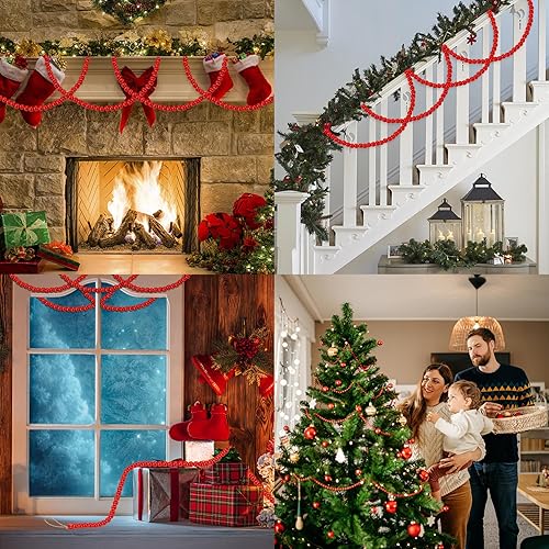 Miniatura 6 de 2 guirnaldas de cuentas de madera de Navidad, guirnalda de cuentas de madera roja de 14.4 pies para decoración de árbol de Navidad, cuentas redondas