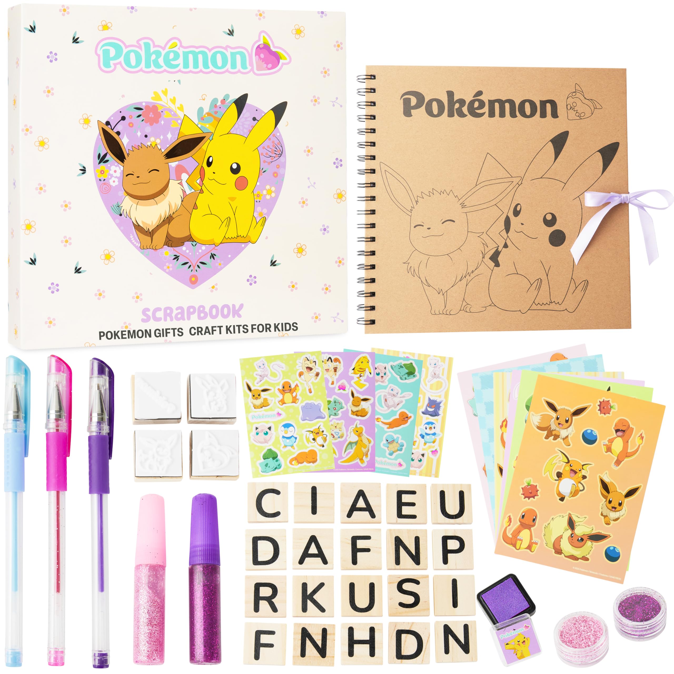 Pokemon Scrapbook Set, 47 Pcs Scrap Book Supplies, Arts & Crafts Kit for Kids Glitter Gel Pens Sticker Sheets & Accessories