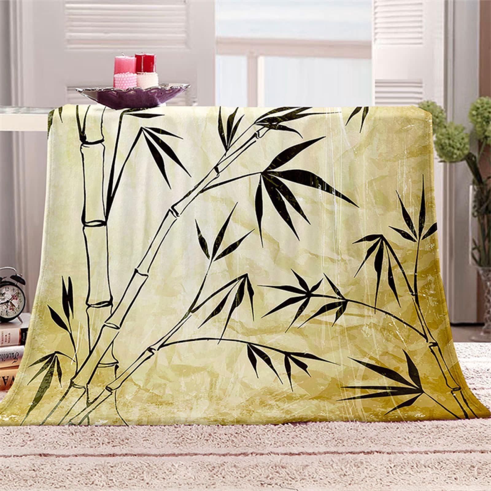 Manta Sofa Bambú Amarillo Mantas para Cama Sofa de Franela Manta Polar de Microfibre Suave Transpirable Cálida como Manta de Salón - 220x240 cm