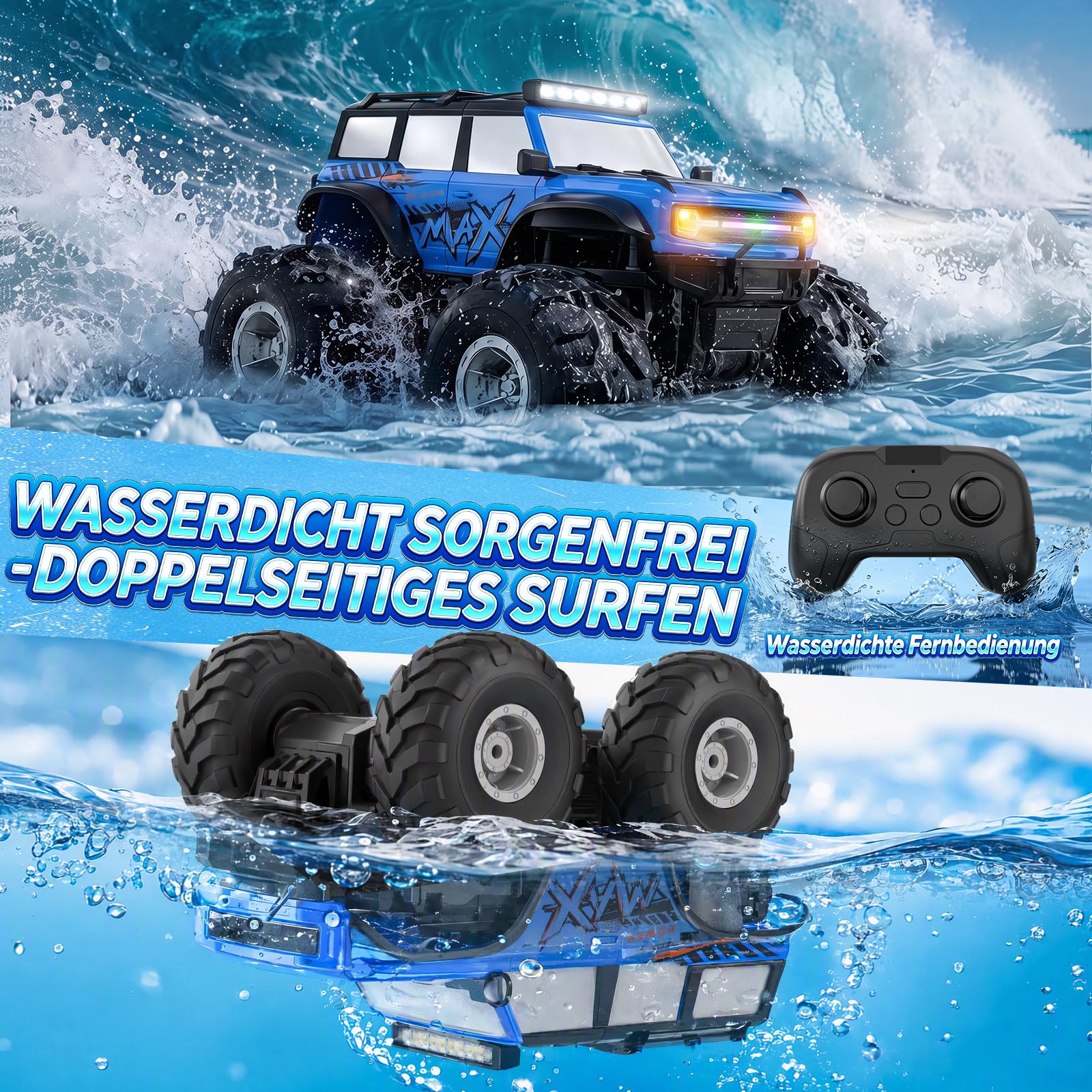 HengLiSam Ferngesteuertes Auto Kinder mit LED Licht, 1:18 Amphibienfahrzeug