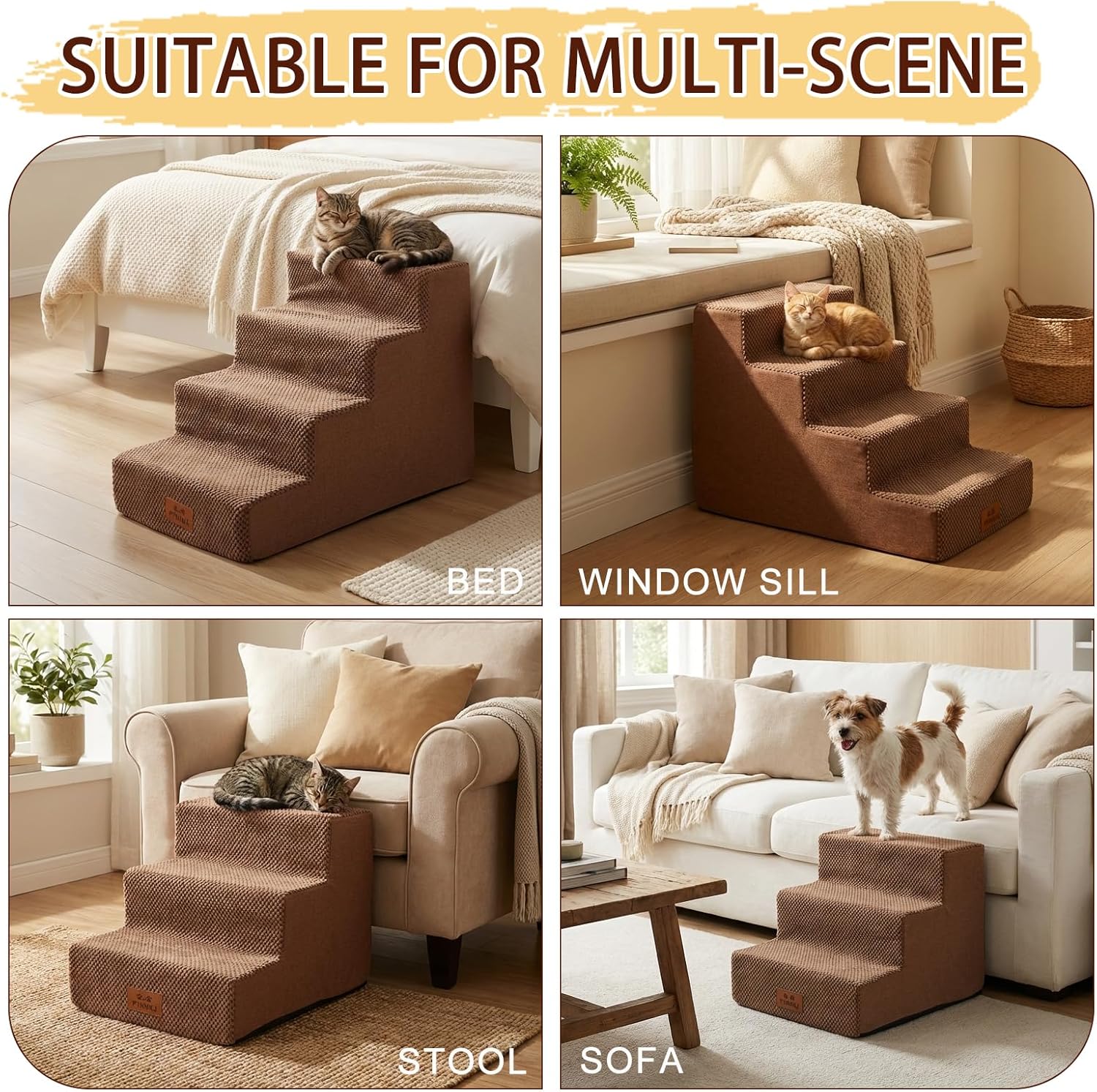 2 Pack Dog Stairs for Small Dogs 4-Step Pet Stairs for Bed Couch Chair Stool Non-Slip Pet Steps for Puppy Small Dogs Cat Older Pet Brown 17.7" H