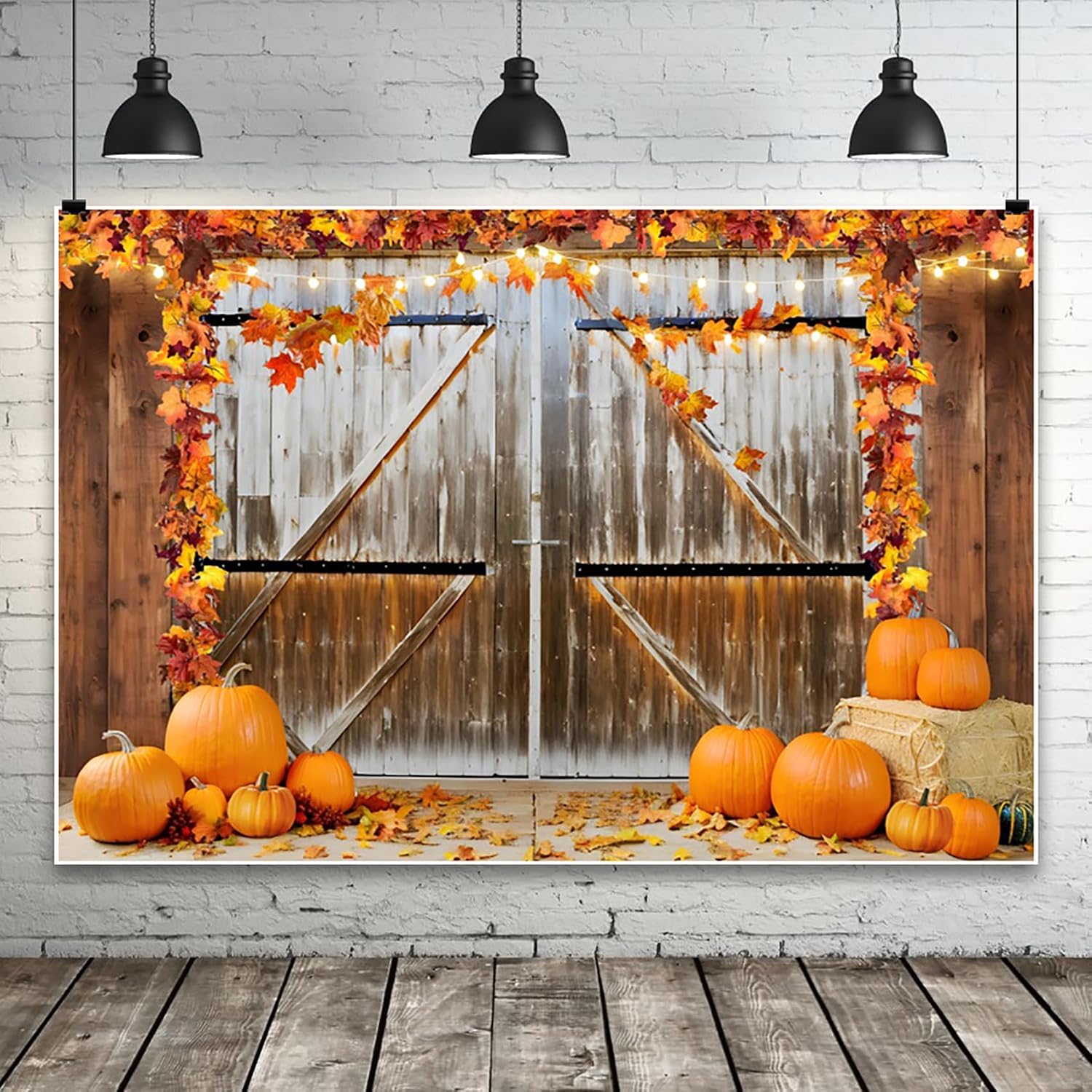 14x10ft Fall Thanksgiving Backdrop Autumn Pumpkin Harvest Barn Door Photography Backdrop Maple Leaves Haystack Thanksgiving Party Decorations Photo Studio Prop