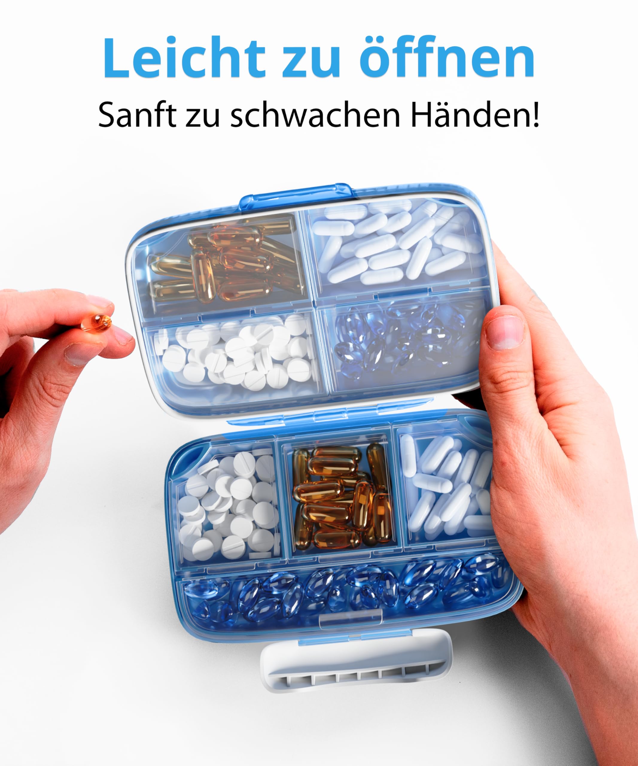 Tablettendose für unterwegs – Kompakte Pillendose, wasserdichte Pillenbox, Tablettenbox mit 8 Fächern – Tragbarer Tabletten Box Organizer ideal für 