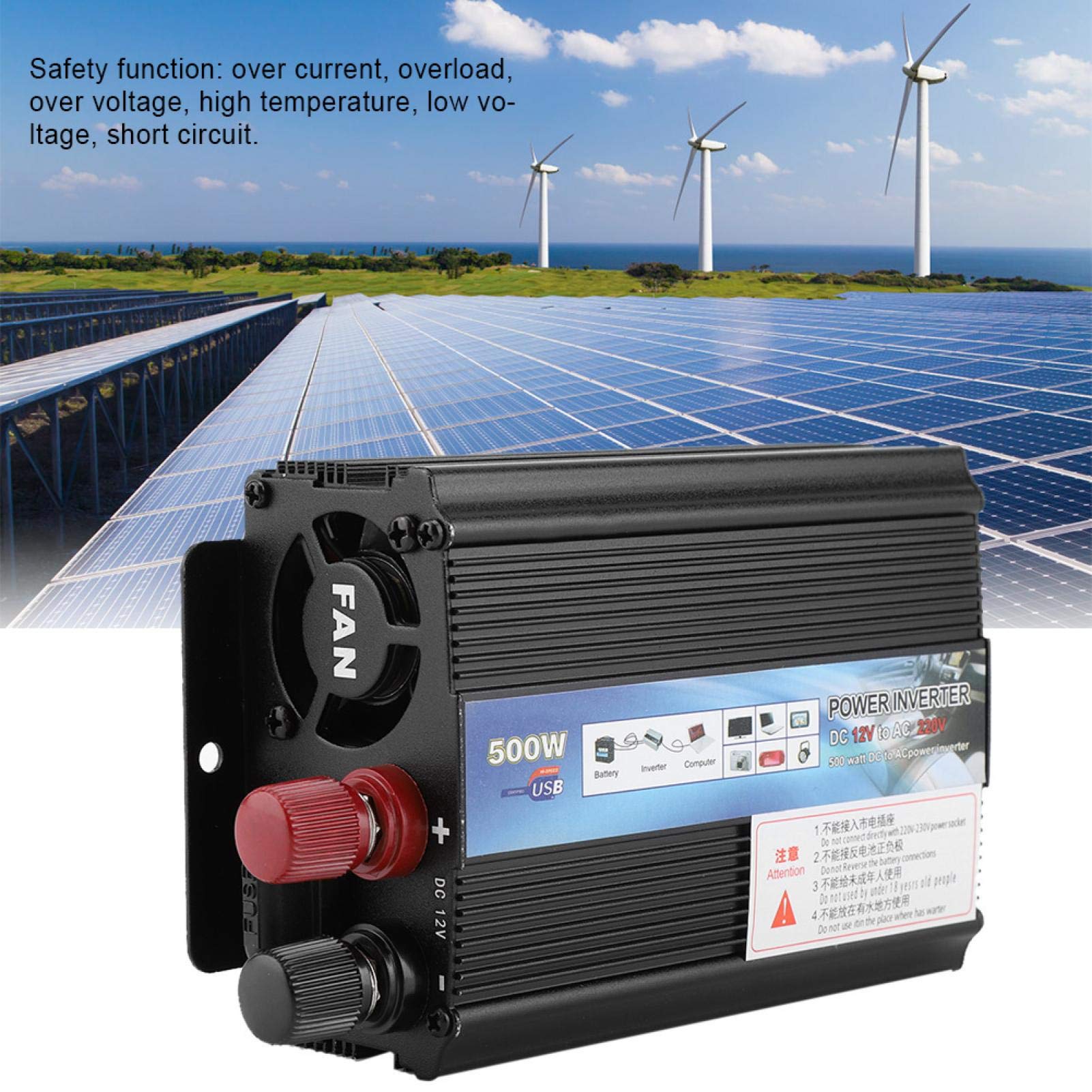 Fyearfly Inverter a Onda sinusoidale Pura, Inverter Convertitore 12 V 220V/100V 500W Inverter di Potenza con Pannello Solare per Camper, Camion, Barche, Campeggio, casa, Furgone(12v to 220v/500W)
