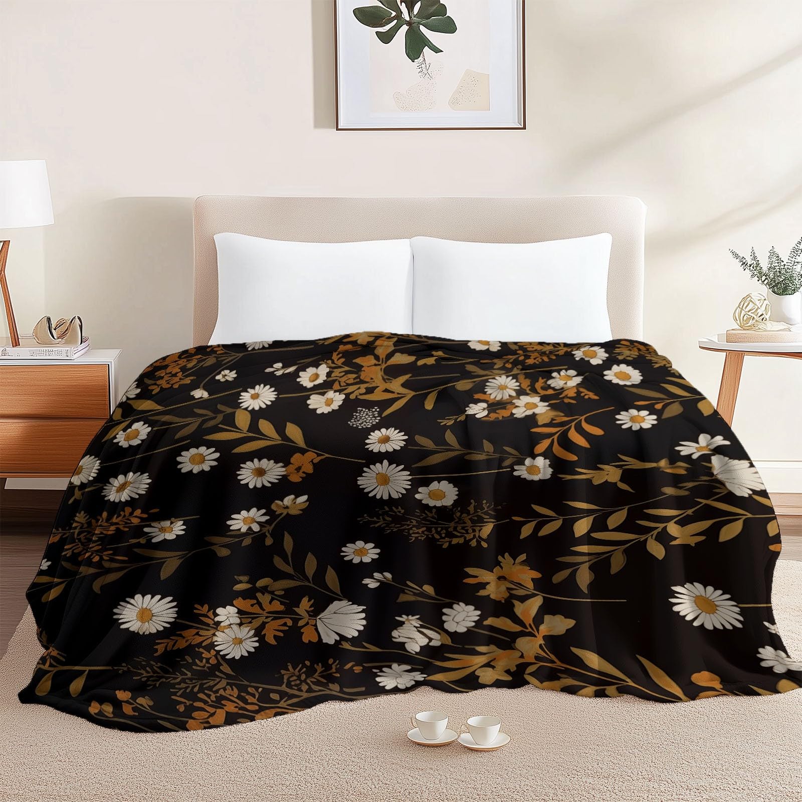 Couverture polaire hiver 220x240 couvre-lit peluche moelleuse canapé marguerites rétro