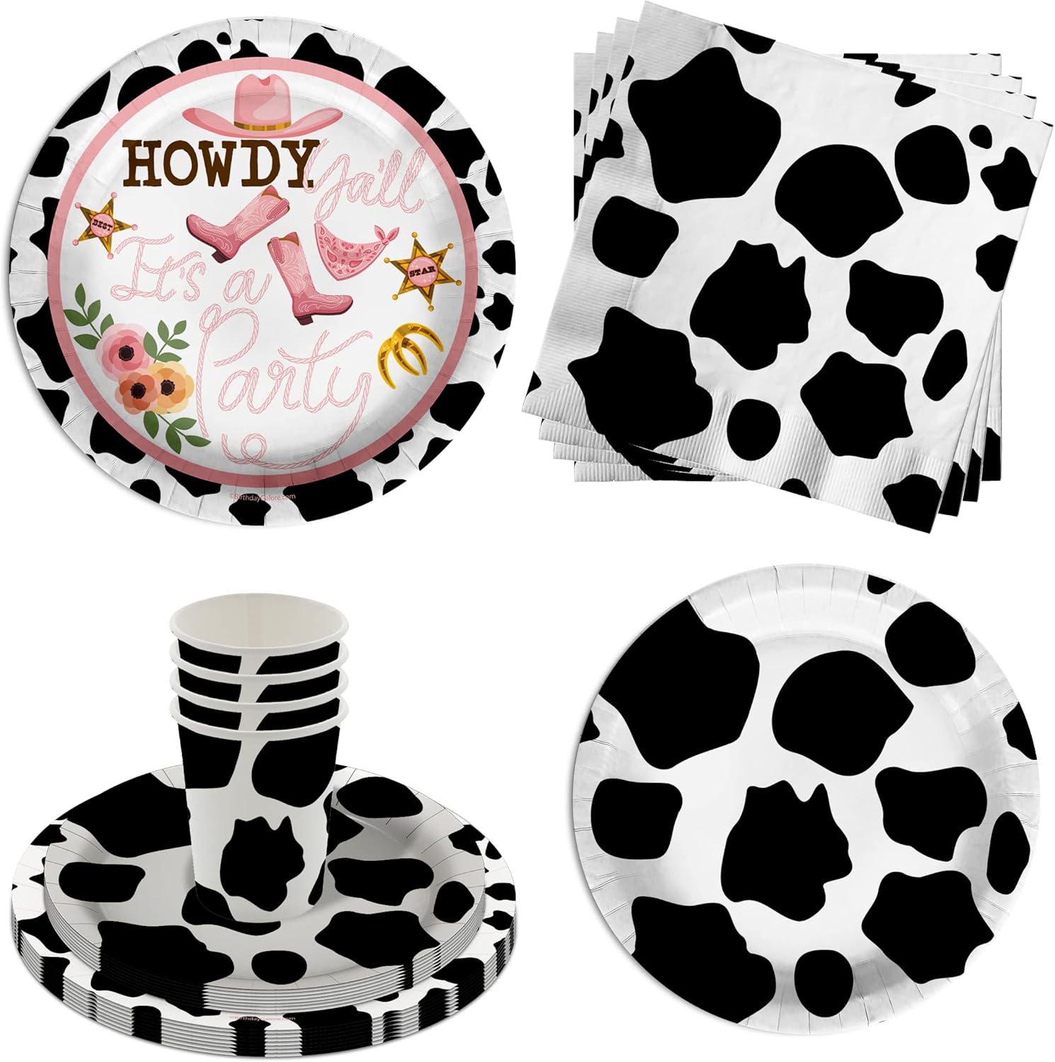 Howdy Y'all Cow Girl Birthday Party Supplies - 64 Piece Cow Print Rodeo Birthday Tableware Set Includes Large 9" Dinner Plates and 8" Dessert Paper Plates Napkins Cups - Kit for 16